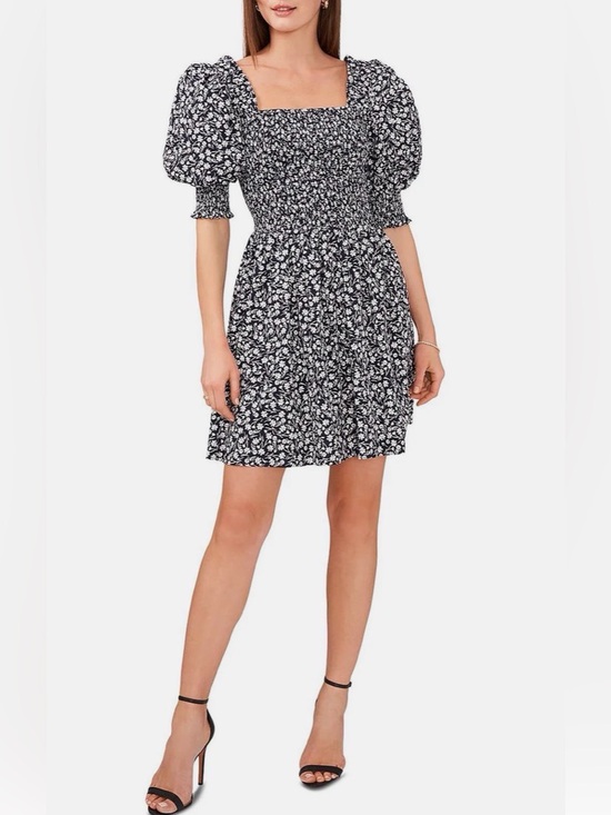 1. State Dresses & Skirts - 1. State Black & White Floral Puff-Sleeve Smocked Mini Dress